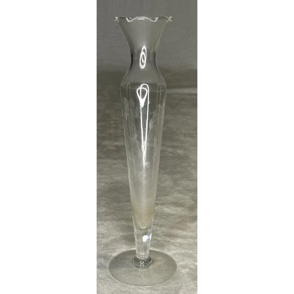 Princess House Heritage Bud Vase Floral Etched Glass Scalloped Fluted Rim 10
